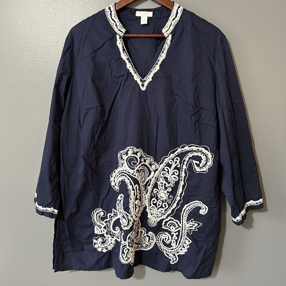 Charter Club Tunic Top Womens 2X Embroidered Artsy Lightweight Beachy Resort